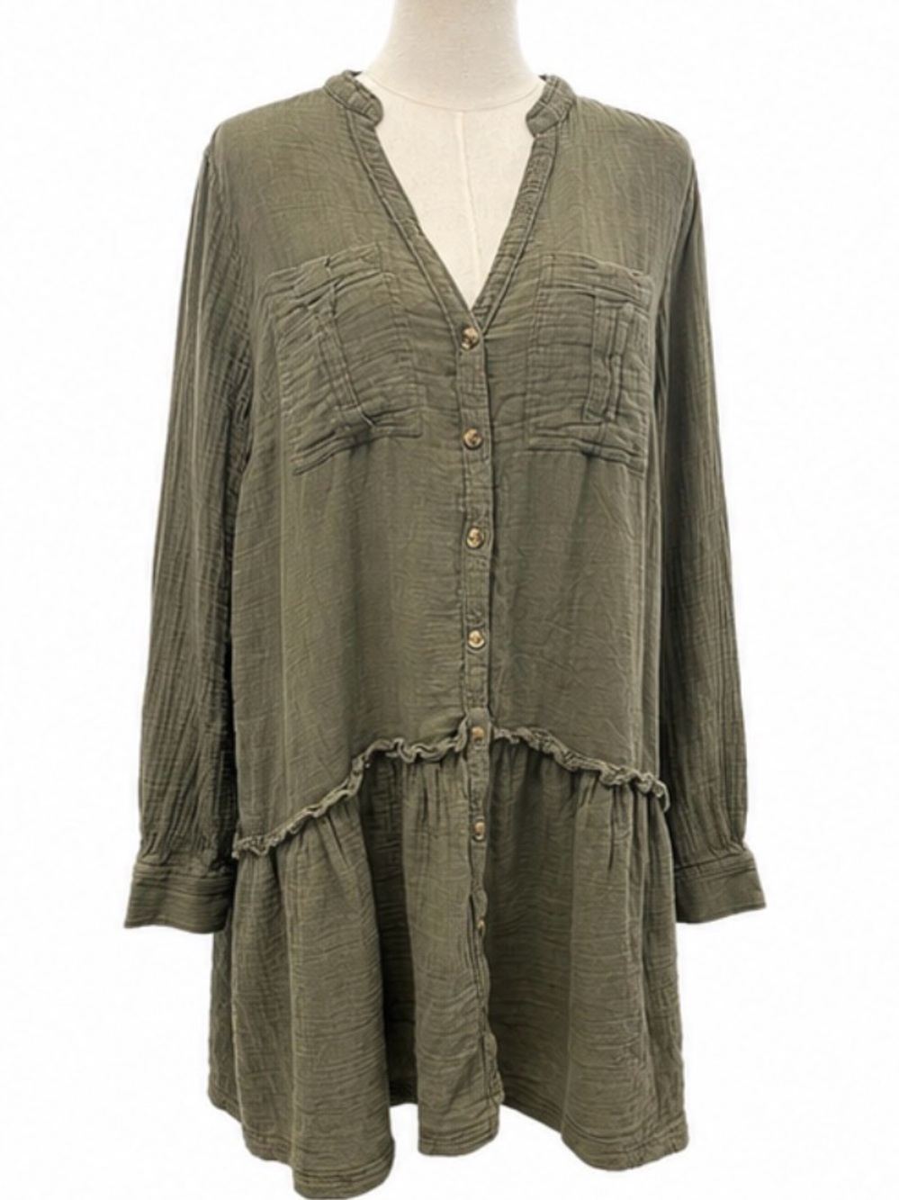 Maeve Anthropologie Olive Cotton Gauze Button Front Tiered Tunic Dress Size 12